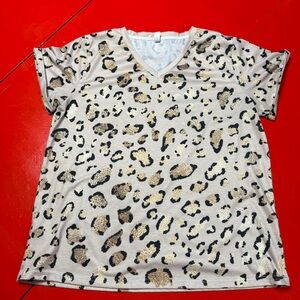 PIXIE LADY V NEVK ROLLED Leopard Print SHORT SLEEVE T shirt tan gold black